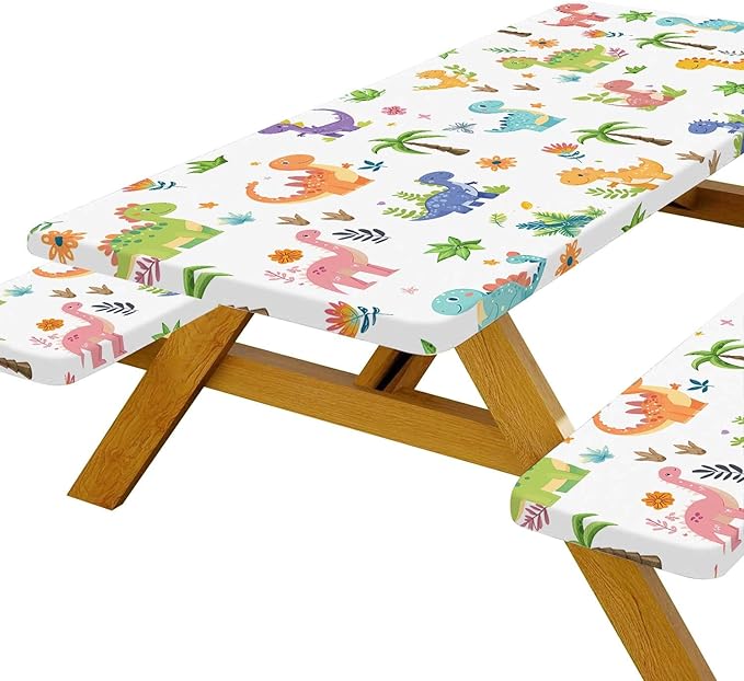 Funny Dinosaur Picnic Table Cover with Bench Covers and Bag, Camping Essentials, Animal Waterproof Windproof Fabric, Fitted Tablecloth Cover with Elastic Edge, for Indoor & Outdoor, 3 PCS, 30x72 Inch