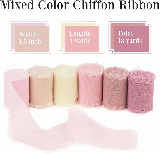 Pink Chiffon Ribbon 1.5 Inch x 3Yds Pastel Pink/Peach/Cream/Blushing Rose/Dusty Rose/Rosy Mauve Handmade Fringe Chiffon Silk Ribbon for Wedding Invitation Flower Bouquets Gift Wrapping Bridal Shower