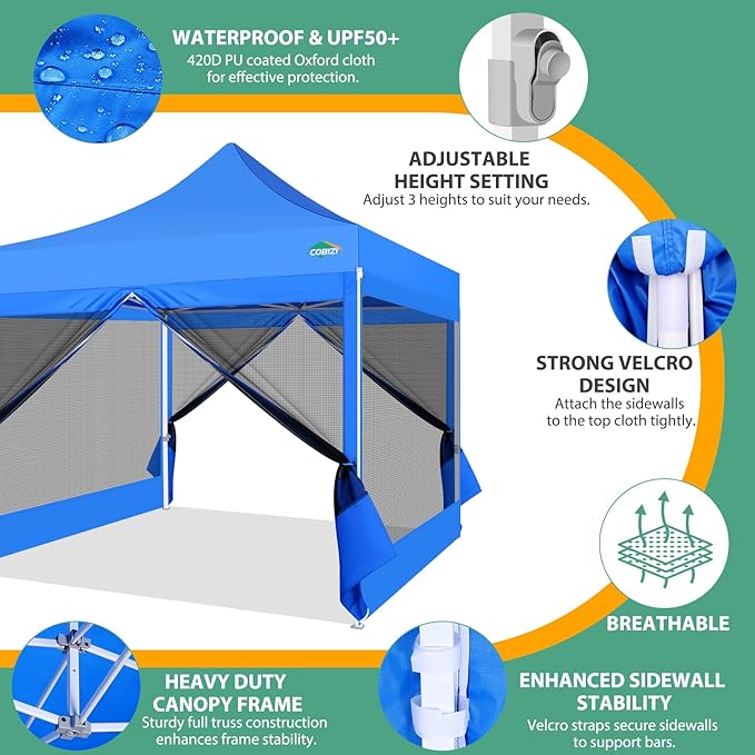 COBIZI 10x10 Canopy Tent with 4 Sidewalls,Heavy Duty Pop up Canopy with Mosquito Netting,Easy up Screen Tent for Parties Wedding Outdoor Camping with Handbag,Blue