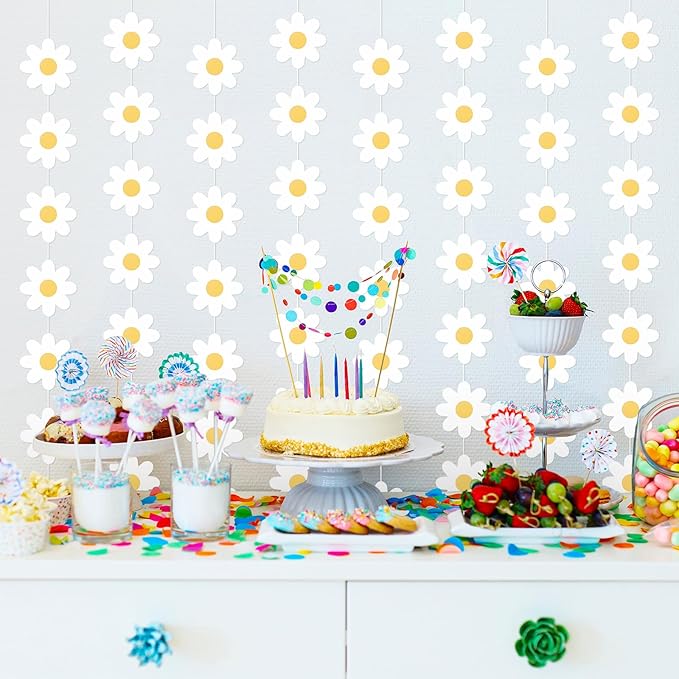 Pasimy 8 Pcs Daisy Boho Party Decorations Groovy Daisy Paper Garlands White Flower Hanging Garland Banner Hippie Flower Cutouts for Birthday Shower Wedding Party Favor Supplies (Classic,White)