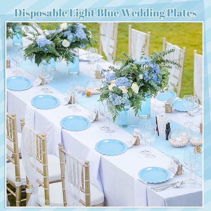 NatNarr 30 Pcs Light Blue Plates, 9 Inch Scalloped Graduation Plates Blue Dessert Party Plate Cute Paper Plate for kindergarten Graduation, Boy Baby Shower, Birthday