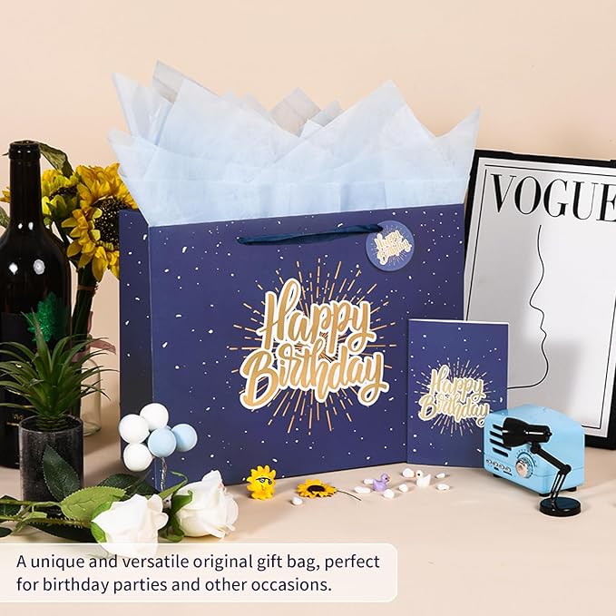 Powbrace 13" Blue Happy Birthday Gift Bag with Tissue Paper and Greeting Card for Party,Happy Birthday Gift Bag for Men Women, Gift Bags Medium size(1 PCS Blue)