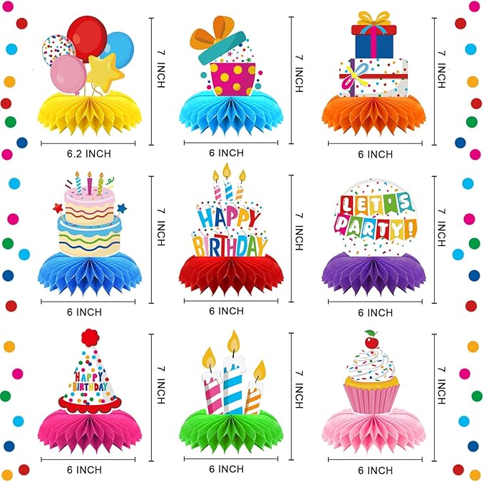 9 Pieces Happy Birthday Decorations Set,3D Table Toppers Double Sided Stand Cards ,Colorful Birthday Themed Honeycomb Centerpiece. (birthday)