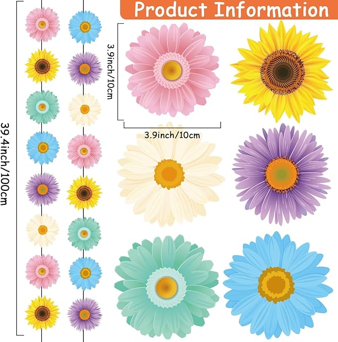 12 Packs Spring Sun Flowers Banners Sunflower Garland Kit Flower Hanging Swirl Spring Party Supplies Decorations Sunflower Paper Cutouts for Birthday Party Home Classroom Favor Supplies Decor