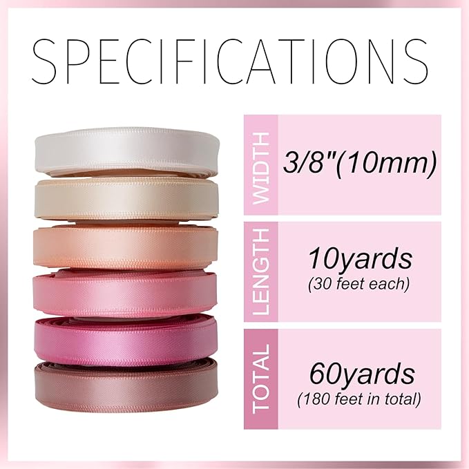 Pink Satin Ribbon 3/8 Inch Light Pink Blush Pink Dusty Rose Ribbon Assorted Solid Color Thin Double Faced Satin Ribbon for Flower Bouquet Wedding Invitation Crafts Gift Wrapping Hair Bows