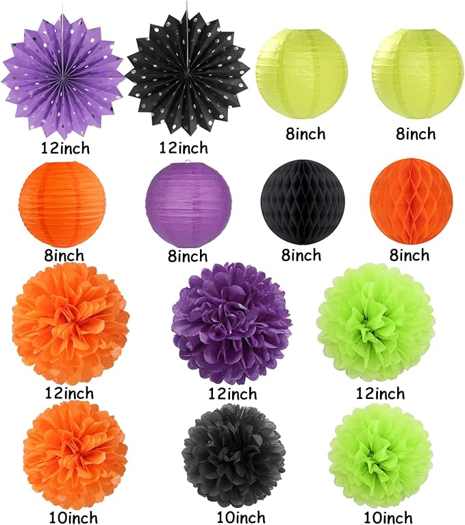 Black-Orange Purple Green Halloween Party-Decorations - 14pc Kit Paper Lanterns Fan,Tissue Flower Pom Poms Streamers,Honeycomb Balls,Birthday Supplie Wedding Baby Bridal Shower Decor Lasting Surprise