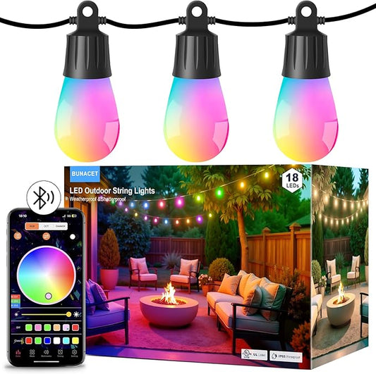 Outdoor String Lights APP Control with Remote, 64(52+12) ft RGB+IC+Warm White Outdoor Lights 18 LED Bulbs Music Sync for Garden Party Decor Christmas