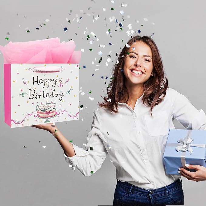 Oletx 13" Large Happy Birthday Pink Paper Bags,Pink Gift Party Favor Bags with Tissue Paper Birthday Card for Women's Party,Mother's Day,Valentine's Day