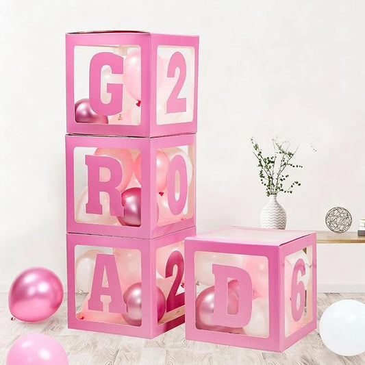 2026 Graduation Decorations - 4Pcs Pink Balloon Boxes with Letters 2026&Grad for Preschool Kindergarten Middle High School College Graduation Party Decorations Class of 2026