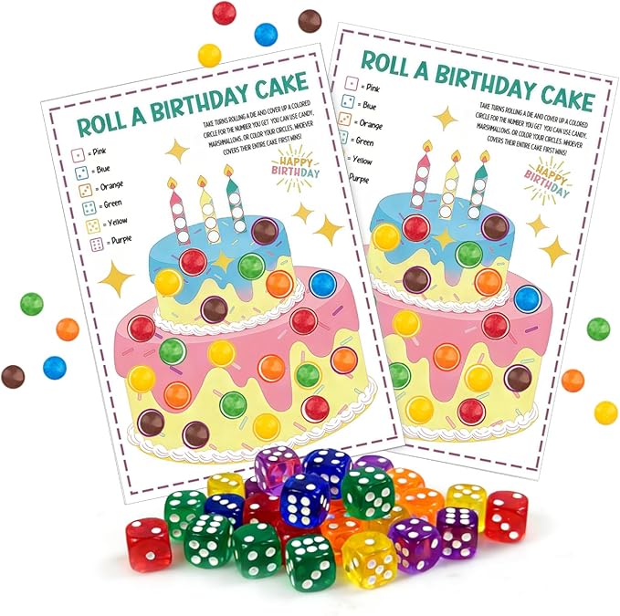 Auch Roll a Birthday Cake Dice Game Set, 30 Transparent Color Dice & 25 Game Sheets, Fun Birthday Party Activity, Icebreaker, Group Game for Birthday Celebrations, Family Gathering Party Supplies