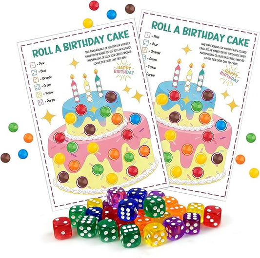 Auch Roll a Birthday Cake Dice Game Set, 30 Transparent Color Dice & 25 Game Sheets, Fun Birthday Party Activity, Icebreaker, Group Game for Birthday Celebrations, Family Gathering Party Supplies