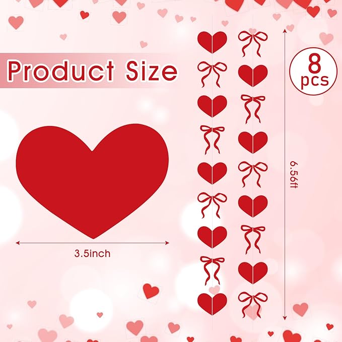 TaoBary 8 Pack Valentine's Day Red Heart Garland 6.56 ft Pre Strung Bow Bunting Banner Romantic Love Streamer Paper Hanging Decorations for Home Office Anniversary Wedding Engagement Party Decor