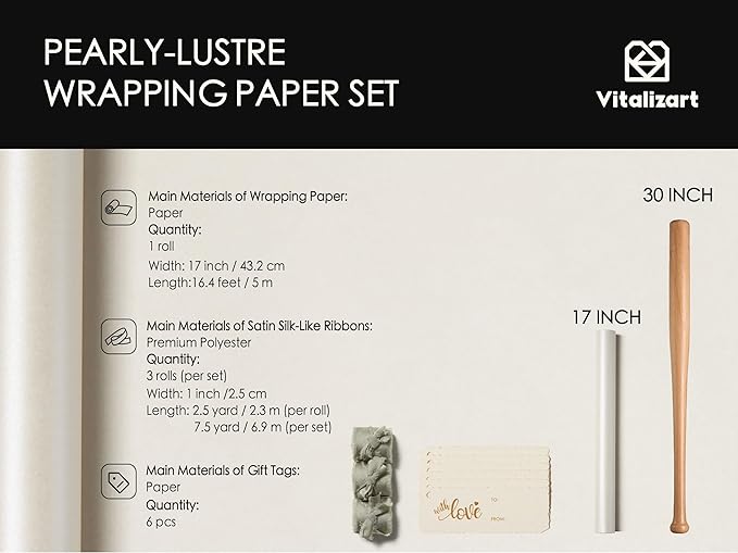 Vitalizart White Wrapping Paper Set 17" Pearly-Lustre With Silk Like Satin Ribbon & Gift Tags Recyclable Christmas Gift Wrapping Birthday Baby Shower Wedding Handmade Crafts 197"(16.4 Ft)