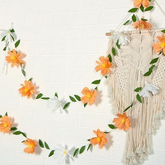 EASY JOY Crepe Paper Flowers Banner White Orange Floral Banner Spring Hanging Paper Flower Leaves Garlands for Spring Birthday Wedding Home Decorations