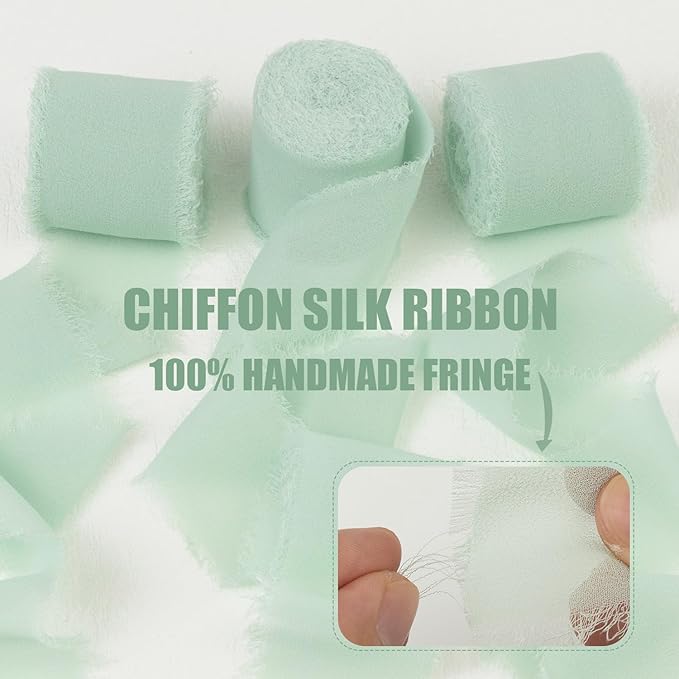 Mint Green Chiffon Ribbon - 1-1/2 Inch x 21 Yards, Handmade Fringe, Silk, Boho Frayed, Misty Green for Gift Wrapping, Wedding Invitation, Bridal Flower Bouquets