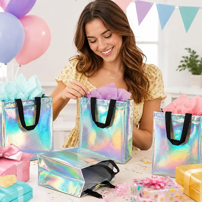 MAQIHAN 6 Pcs Iridescent Gift Bags Bulk - Mother's Day Iridescent Glossy Gifts Bags Medium Size,Reusable Gift Bag with Handles for Birthday Party, Wedding, Party Favor, Christmas, Easter
