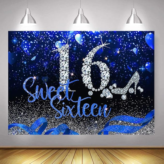 Mocsicka Blue and Silver 16th Birthday Backdrop Early 2000s Blue Heart Glitter Diamonds Background Girls Sweet Sixteen Birthday Party Supplies (10x8ft(120x96 inch))