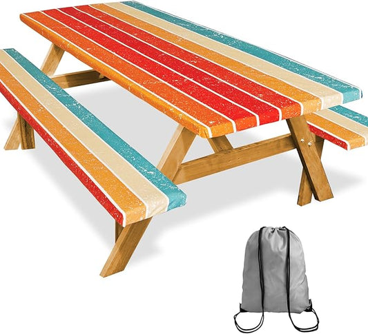 Picnic Table Cover with Bench Covers Camping Essentials Outdoor Reusable Waterproof Tablecloth with Storage Bag, Fitted Rectangle Tables and Seats, 72in, Orange Blue Rainbow