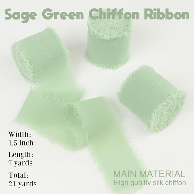 Sage Green Chiffon Ribbon 1-1/2 Inch x 21Yards Handmade Fringe Chiffon Silk Ribbon Boho Frayed Ribbon Sage Green Ribbon for Gift Wrapping, Wedding Invitation, Bridal Flower Bouquets