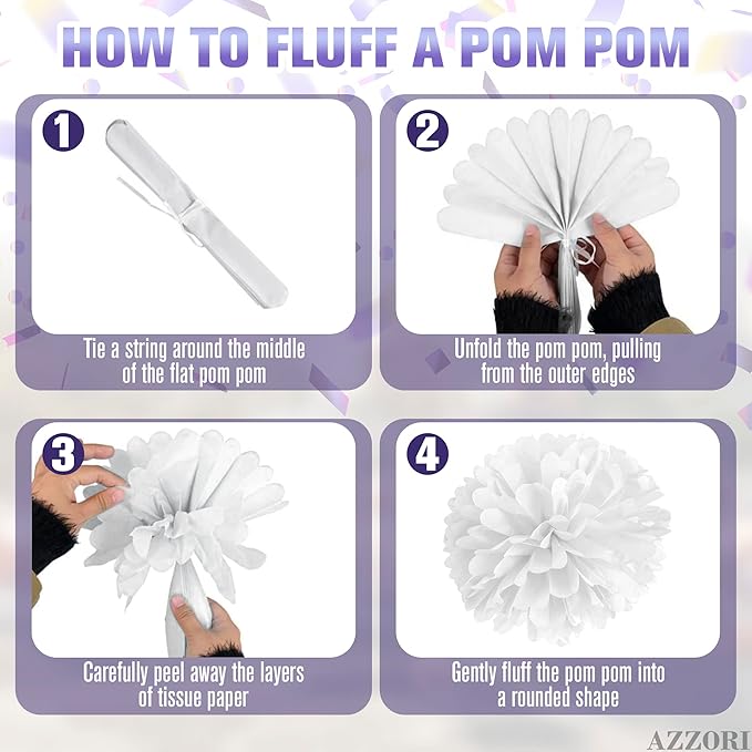 16 Pcs Purple Tissue Paper Pom Poms Set – Purple Decorations for Party with Pom Poms, Flowers & Lanterns – Elegant Reusable Decor with Soft Lavender Tones for Weddings, Events & Party Decorations