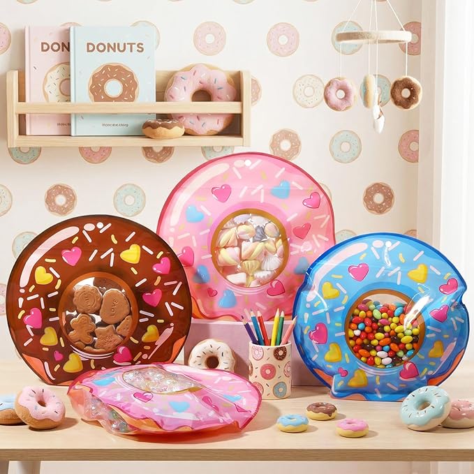 Resurhang 60 Pcs Donut Party Zipper Treat Bags Donut Food Goodie Gifts Bags Resealable Sweet Doughnut Party Snack Candy Containers for Kids Birthday Baby Shower Decorations Supplies
