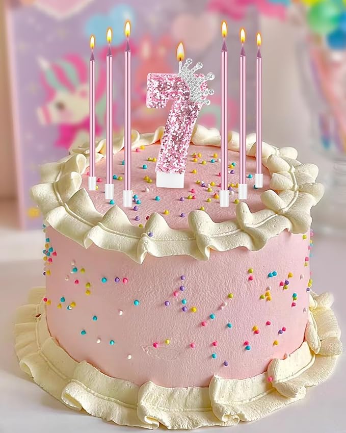 Birthday Candles for Cake, Pink Number Candles, Cake Candles with Greeting Card for Birthday Party Wedding Anniversary Celebrations (7 Candle, Silver Crown)