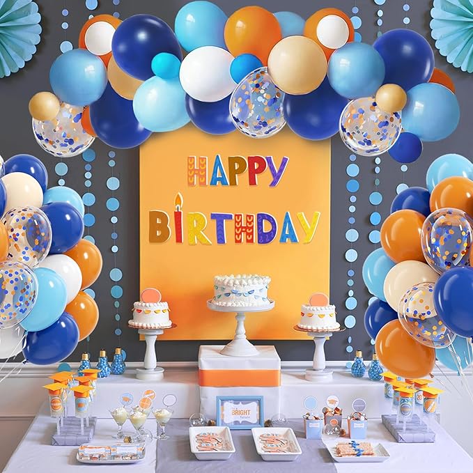BAUANOOY Blue and Orange Balloons, 60pcs 12 Inch Orange Blue White Nude Latex Balloon with Confetti Balloons Ribbon for Baby Shower Graduation Blue Birthday Party Decorations