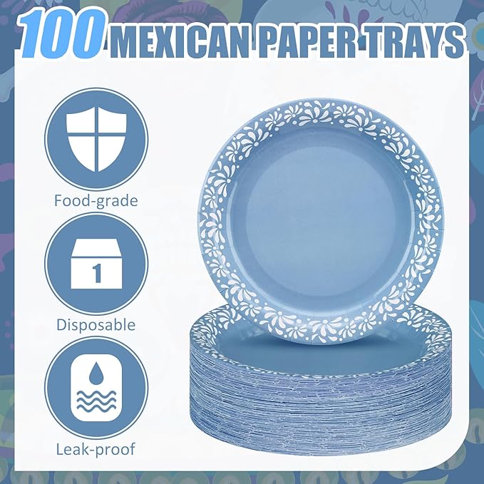 Yungyan 100 Pcs 9 Inch Blue Cielito Lindo Party Decoration Cielito Lindo Paper Plates Platos De Barro Mexican Plates for Baby Shower Talavera Wedding