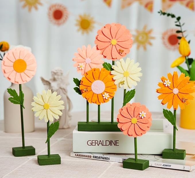 SUNBEAUTY 8 PCS Daisy Felt Centerpieces for Tables Flower Birthday Decorations Daisy Birthday Party Decorations Pink Orange Spring Floral Table Decor for Girl Birthday Baby Shower Garden Home Decor