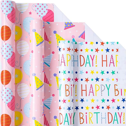 LeZakaa Birthday Wrapping Paper Roll - Mini Roll - Ice Cream/Ballon/ “Happy Birthday Lettering for Gift Wrap, DIY Craft - 17 x 120 inches - 3 Rolls (42.5 sq.ft.ttl.)