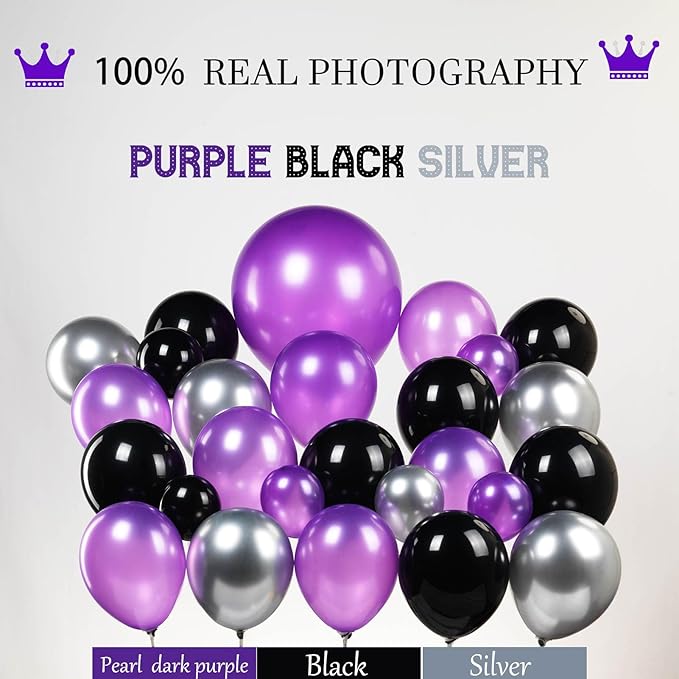 Black dark purple and silver Balloon Garland Arch Kit 130Pcs with dark purple and Silver Stars Graduation Certificate Graduation Cap crown GRAD Letters Mylar Balloons for 2025 Prom kpop Decorations