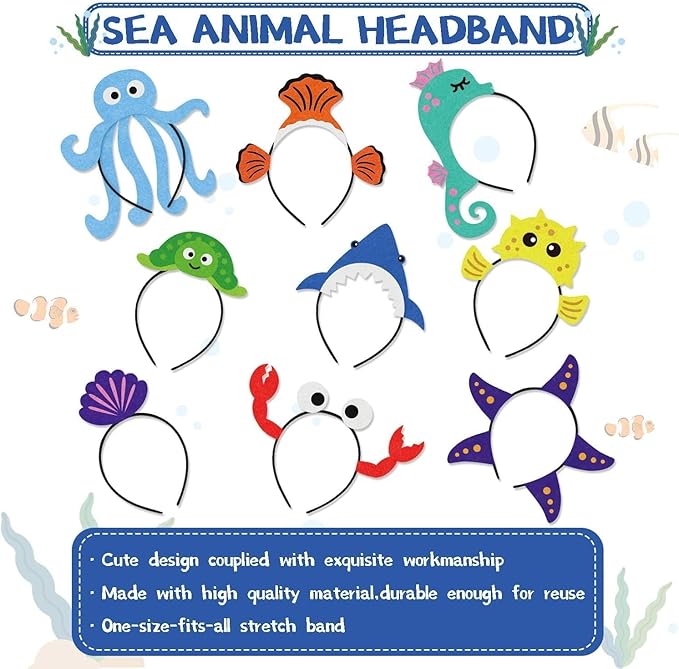 CiyvoLyeen 12Pcs Sea Animal Fish Headband Under the Sea Themed Birthday Ocean Party Favors Decorations for Students Costumes Dress-up Jellyfish Shark Octopus Turtle Dolphin See Horse Lobster Hat