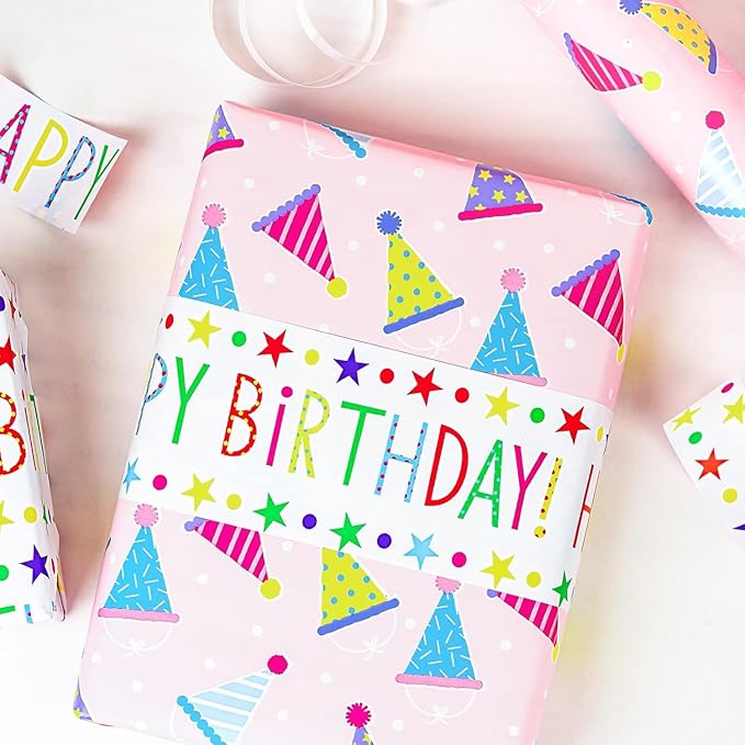 MAYPLUSS Birthday Gift Wrapping Paper Roll - 17Inch X 16.5Feet - Reversible Luxury Pink Girly Birthday Party Hat, Happy Lettering Gift Wrap for Kid Girl, Baby Shower, Party, Holiday