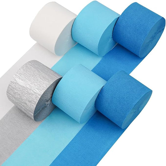 Captain Décor 6 Light Blue Streamers with Silver & White – 492ft Crepe Paper Rolls for Party & Birthday Decorations in Baby & Blue Accents