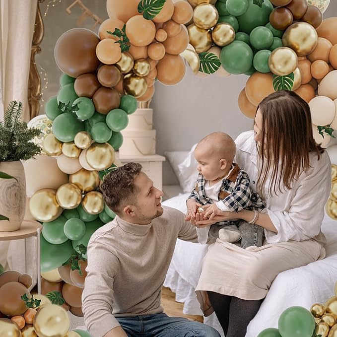 142PCS Sage Green Brown Balloon Garland Kit Jungle Safari Wild Woodland Balloon Arch Olive Green Gold Coffee Cocoa Balloons for Wedding Birthday Shower Party Decorations