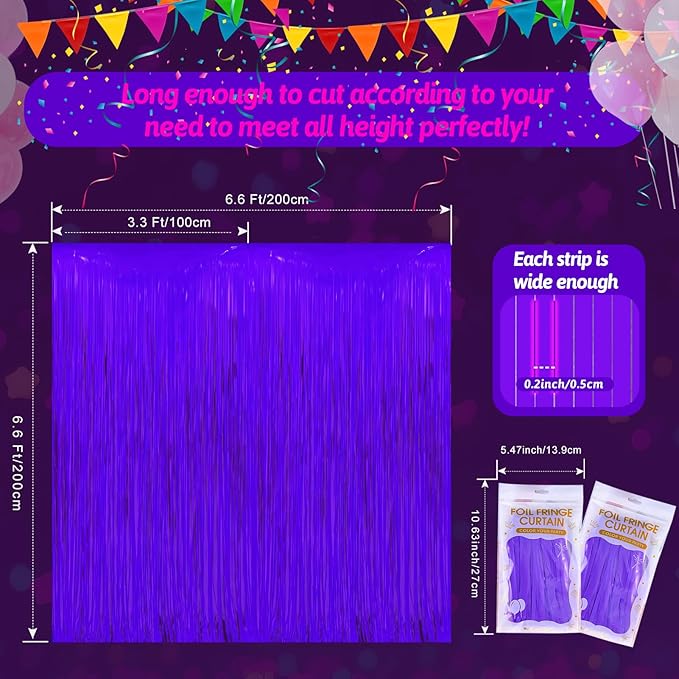 Glow in The Dark Party Supplies 2 Pack Neon Party Decorations Fluorescent Tinsel Foil Fringe Curtains Photo Booth Prop Backdrop Streamer Blacklight Decorations (Neon Purple)