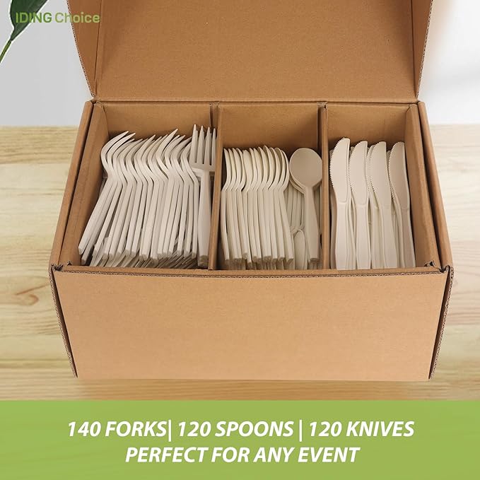 380 Count Heavy Duty Compostable Cutlery Set 140 plastic forks 120 spoons 120 knives eco-friendly no plastic silverware compostable utensils for Weddings, Parties, Office, Camping, Picnic