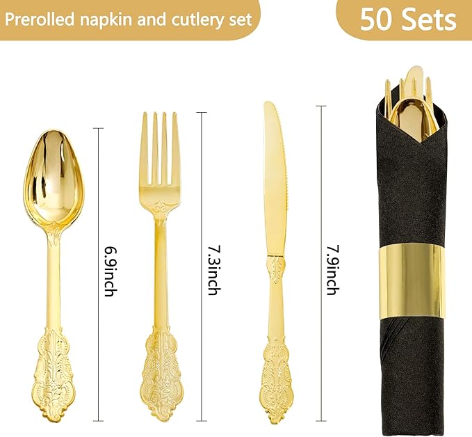 50 Pack Pre Rolled Gold Plastic Silverware Set,Fancy Wrapped Plastic Cutlery Set with Napkin Include 50 Forks,50 Spoons,50 Knives and 50 Black Napkins for Party, Wedding,Christmas