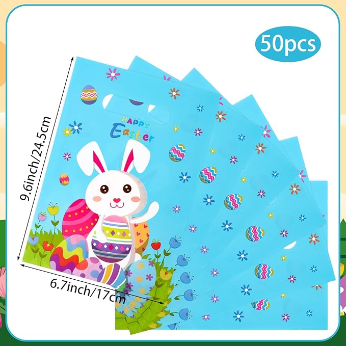 Hxezoc 50 Pieces Happy Easter Gift Bags with Handles Plastic Cute Bunny Goodie Bags Practical Gift Bags Spring Party Favors for Easter Day Egg Hunt Party Birthday Party Decoration Supplies