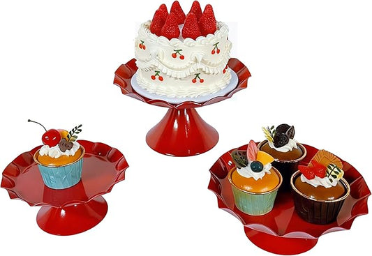 3 Tier Metal Cake Stand Set, Scalloped Edge Cupcake Tray Dessert Display Platter, Decorative Serving Stand for Wedding, Birthday, Tea Party (Red)