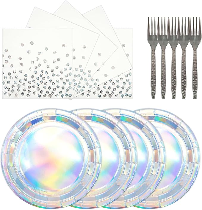 72Pcs Iridescent Silver Plates and Napkins Party Supplies, Holographic Disposable Paper Plates Napkins with Forks Tableware Set for Mermaid Birthday Wedding Iridescent Party Decorations