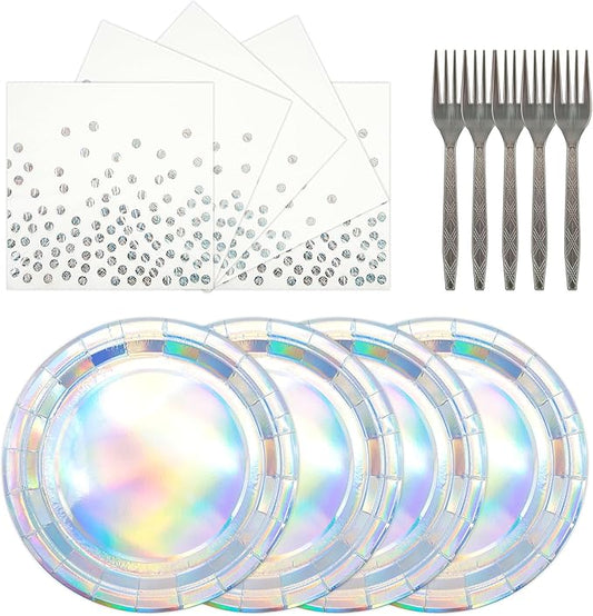 72Pcs Iridescent Silver Plates and Napkins Party Supplies, Holographic Disposable Paper Plates Napkins with Forks Tableware Set for Mermaid Birthday Wedding Iridescent Party Decorations