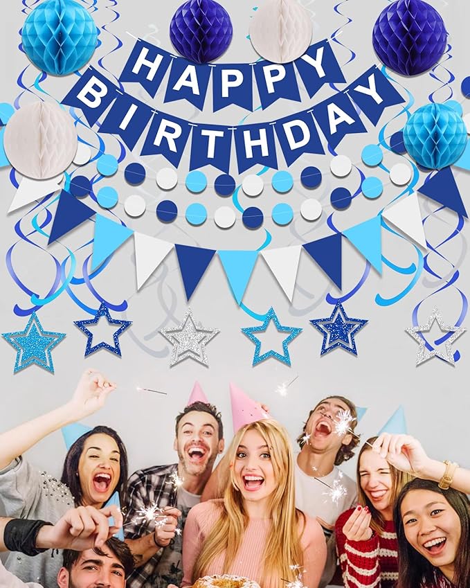 Pre-Strung Blue Happy Birthday Decorations, Happy Birthday Banner with Honeycomb Balls, Stars Hanging Swirl Streamers, Dots Garland, Party Decorations for Men Boys Women Girls