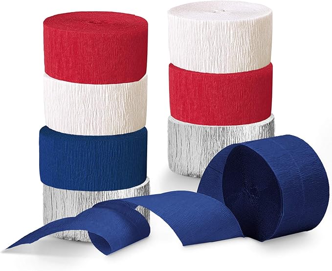 NICROLANDEE Patriotic Decorations - 8 Rolls Red White Blue Crepe Paper Streamers for 4th of July Decorations Independence Day U.S. 250th Anniversary Memorial Day American Theme Party Decorations