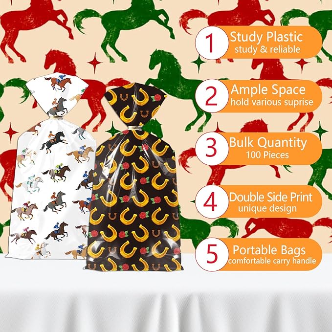 RAXFLY 100 Pcs Horse Goodie Bags, Western Horse Racing Cellophane Candy Bags with Gold Ties, Cowboy Party Treat Bags for Birthday Party Supplies