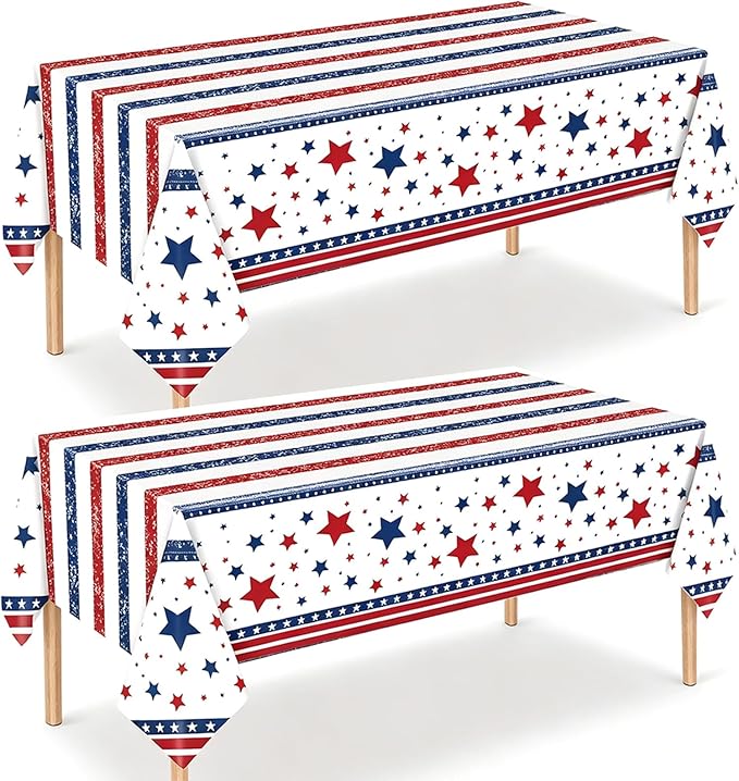 2Pcs Patriotic Tablecloths,4th of July Decorations,Red White Blue Star 54x108 inches Disposable Plastic Tablecloths for 4th of July Memorial Day Patriotic Theme Party Decoration