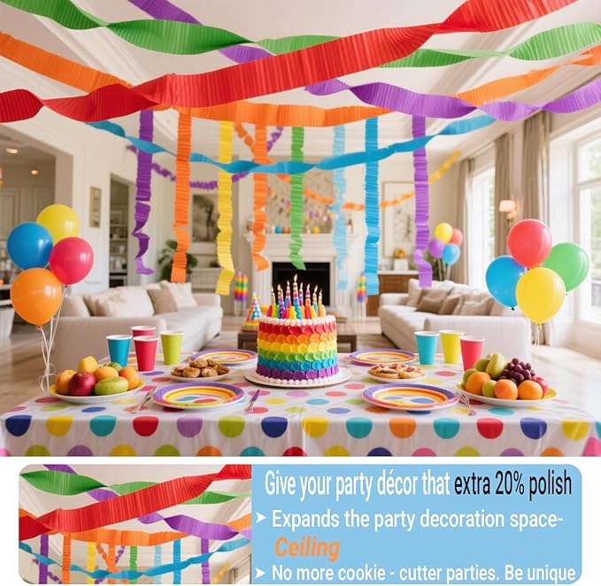 Colorful Rainbow Crepe Paper Streamers Birthday Party Backdrop for Banner and Balloons, Muilti Color Backdrop -6 Rolls Each 25 Meters 1.7in Wide