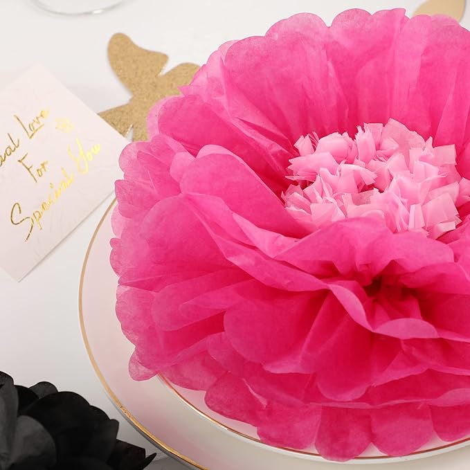 Fonder Mols Tissue Paper Chrysanth Flowers with Butterfly and Olive Leaves for Wedding Baby Shower Nursery Room Parties & Events Decorations Pom Poms (Black, Hot Pink)