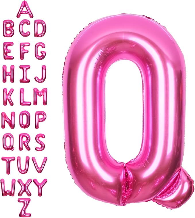 SUWEN 40 Inch Hot Pink Large Q Letter Balloons Big Foil Helium Letter Balloons A-Z Jumbo Mylar Happy Birthday Party Decorations for Woman Anniversary Party Supplies