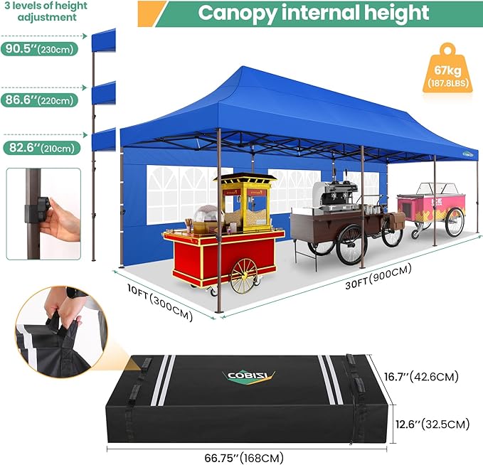 COBIZI 10x30 Pop Up Heavy Duty Canopy with 8 Sidewalls and Hexagonal Legs, Easy up Tent for Party, Wedding and Commercial, Outdoor Canopy with Carry Bag, Waterproof & UPF50+ (Blue)